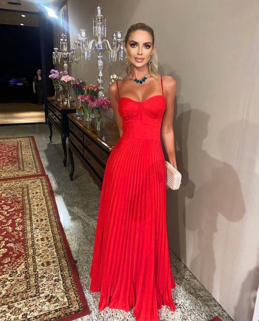 LTP1246,Red Pleated Long Prom Evening Dresses,Red Spaghetti Straps Formal Gown