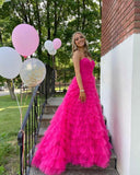 LTP0949,Hot Pink Tulle Prom Dresses Tiered Layers Long Formal Gown