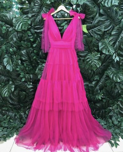 LTP1214,Empire A-line Pink Tulle Long Formal Dress,Hot Pink A-Line Evening Prom Dresses