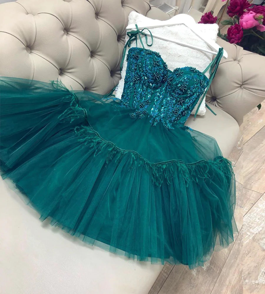 LTP1365,Cute green beaded tulle homecoming dresses ties straps mini prom evening dresses
