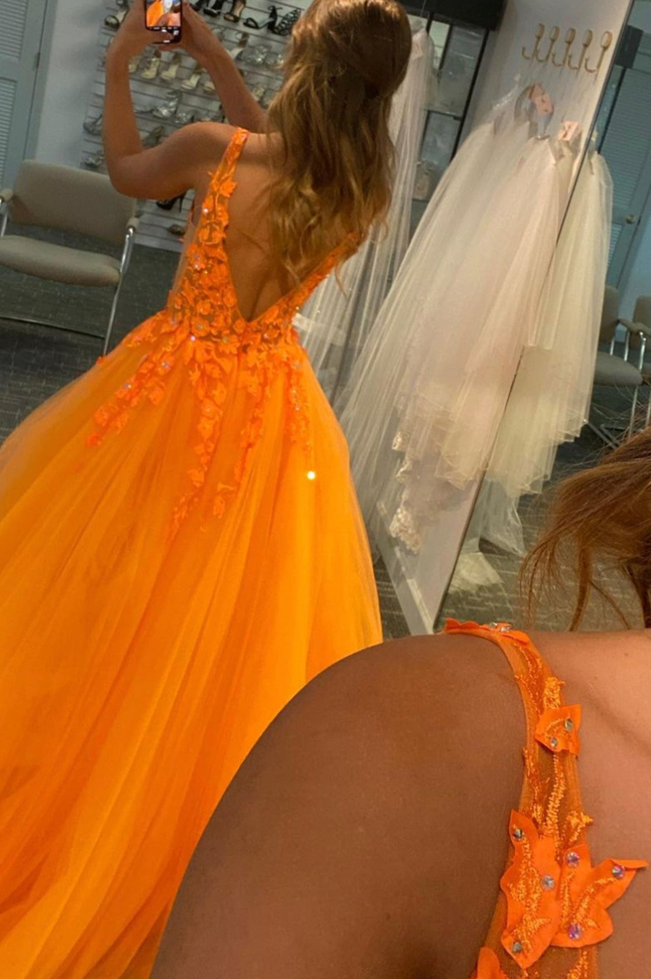 LTP0237,Orange long prom dress v-neck evening dresses a-line prom dresses applique beaded tulle dress
