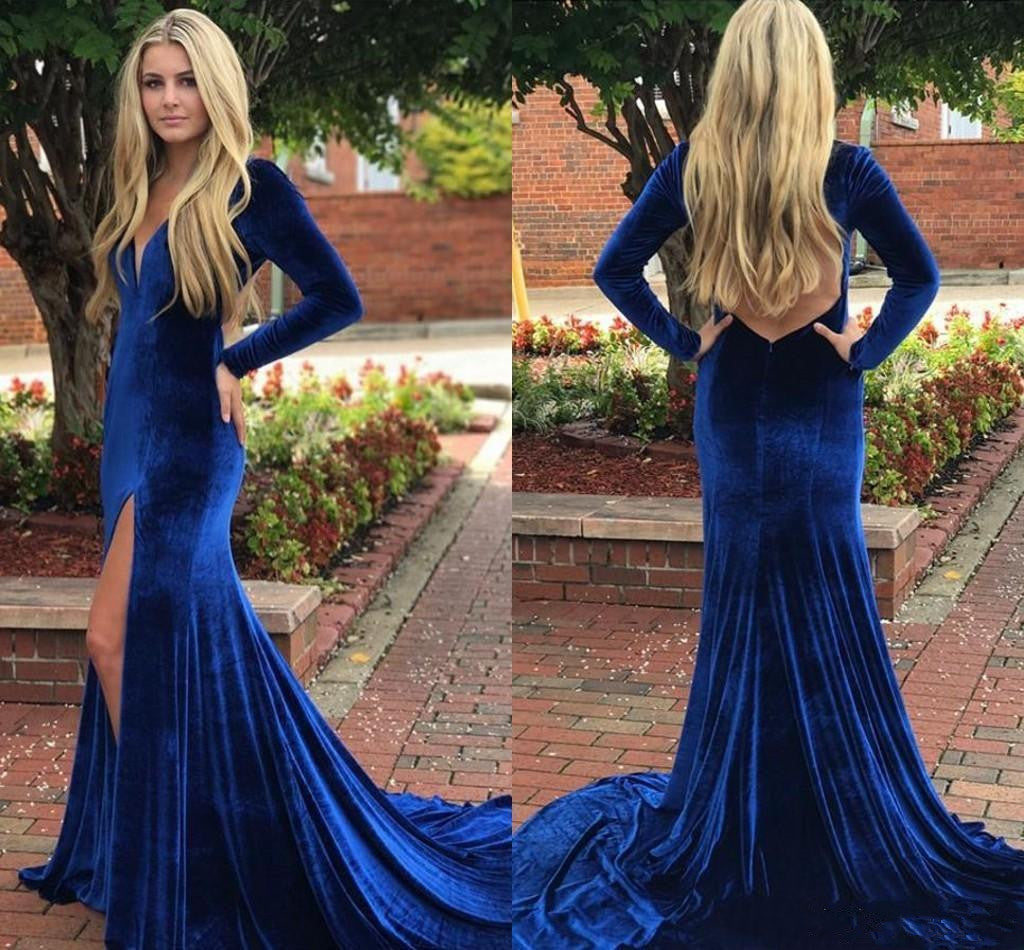 LTP0278,Royal blue velvet long prom dress long sleeves v neck evening dresses with open back