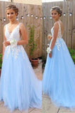 LTP0039,Elegant A Line Tulle Blue And White Appliques V Neck Long Prom Dresses