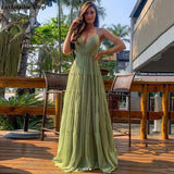 LTP1219,Green V-Neck Dubai Evening Dresses Soft Tulle Long Women Formal Prom Gowns
