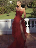 LTP0611,Red Tulle Prom Dresses Strapless Ruffle Evening Dress Red Prom Dress