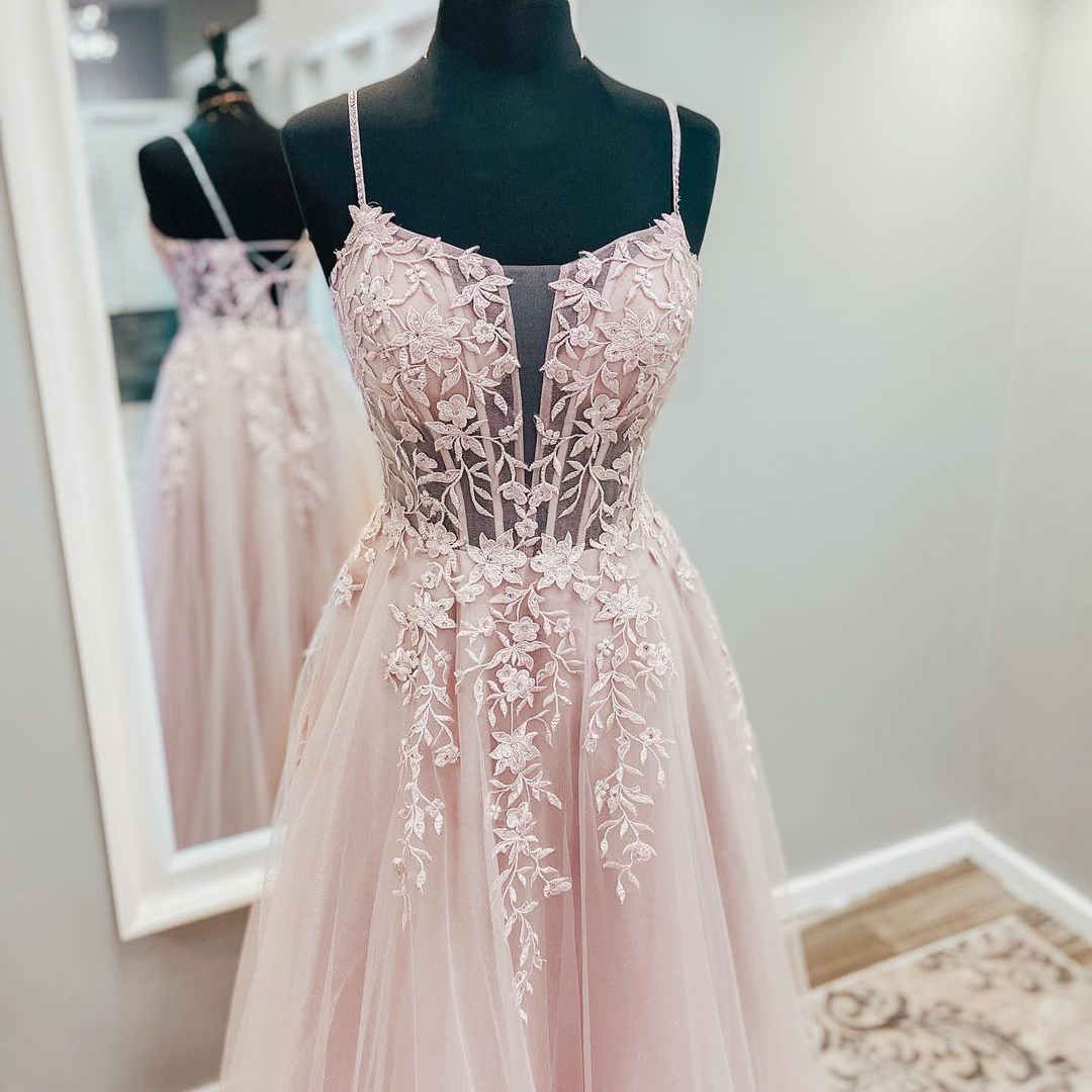 LTP0725,Light pink prom dresses spaghetti straps tulle prom dress applique long evening formal dress event gown