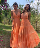 LTP0896,Orange v neck chiffon long prom dress simple evening dress