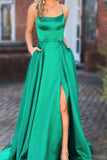 LTP0151,Discount Green Spaghetti Straps Satin Cross Back Long Prom Dress With Sweep Train