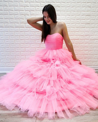 LTP0950,Pink Tulle Sweet 16 Dresses Princess Strapless Long Formal Prom Dresses