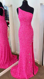 LTP0728,Glitter One Shoulder Hot Pink Prom Dress Sequin Evening Dresses Split Mermaid Prom Gown