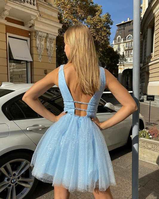LTP1401,Sparkle Light Blue Homecoming Dresses V-Neck A-Line Short Homecoming Dresses
