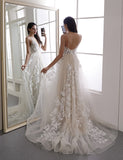 LTP1608,Elegant White Wedding Dresses Spaghetti Straps Sweep Train with Appliques