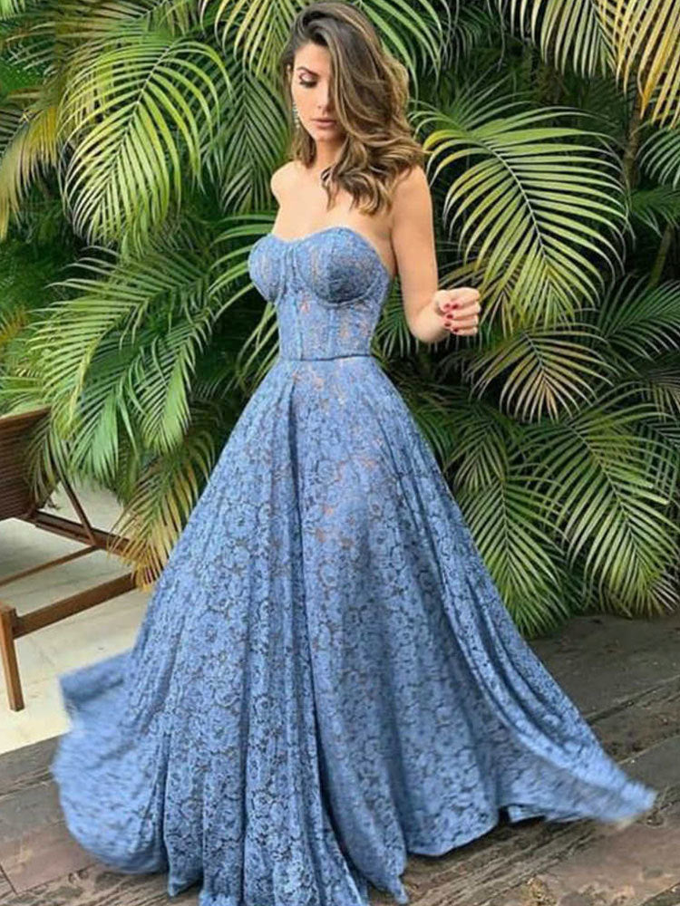 LTP1621,Sweetheart Blue Lace A-Line Prom Evening Dresses