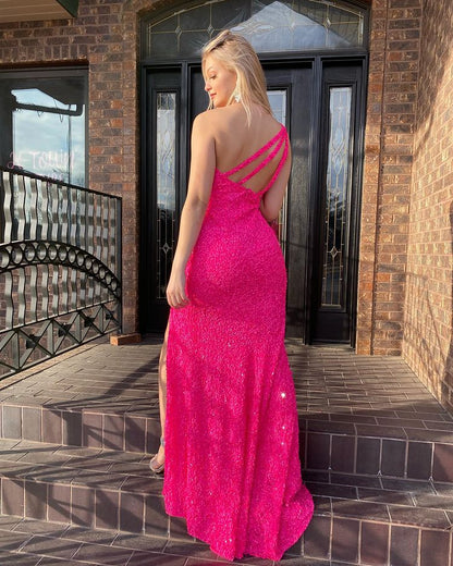 LTP1012,Hot Pink Sequins Long Prom Dresses with Side Slit One Shoulder Formal Party Dress