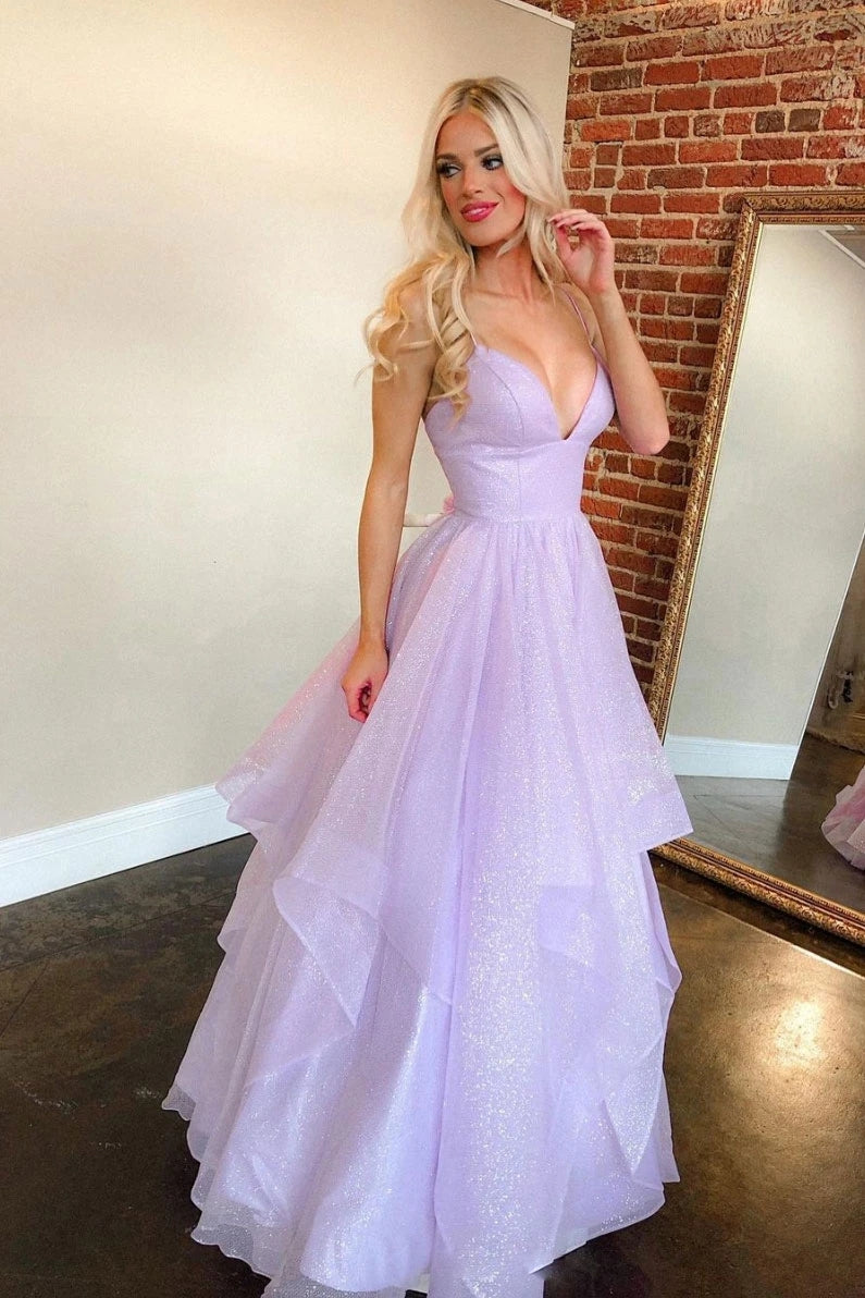 LTP0952,Glitter A-Line V Neck Lilac Sparkly Tulle Prom Dress Custom Evening Gown