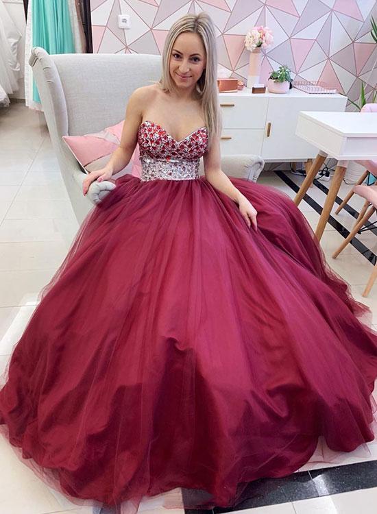 LTP0095,Sweetheart Burgundy Sleeveless A Line Prom Dress with Beading