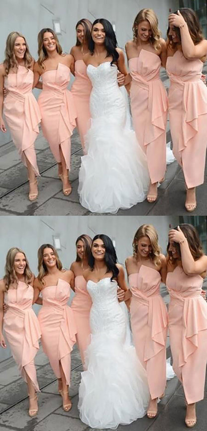 LTP1716, Blush Pink Satin Bridesmaid Dresses, Simple Tea Length Bridesmaid Dress