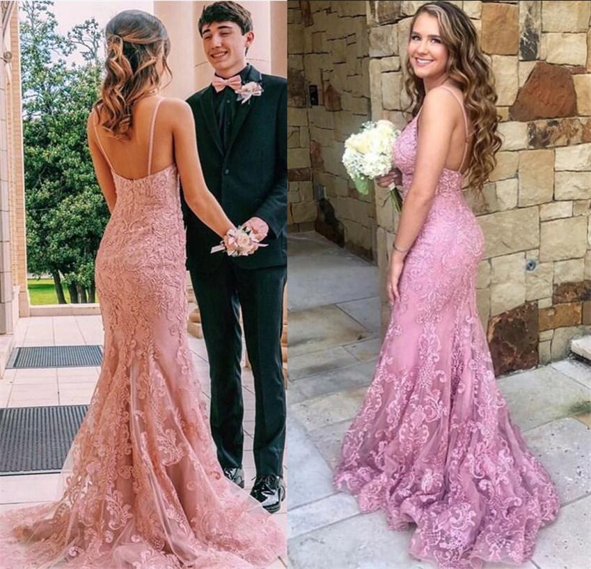 LTP0048,Chic pink lace prom dress mermaid zipper back evening gown