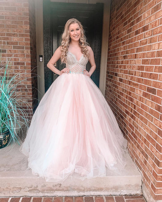 LTP1057,Light pink a-line prom dresses,tulle beaded long evening formal dress
