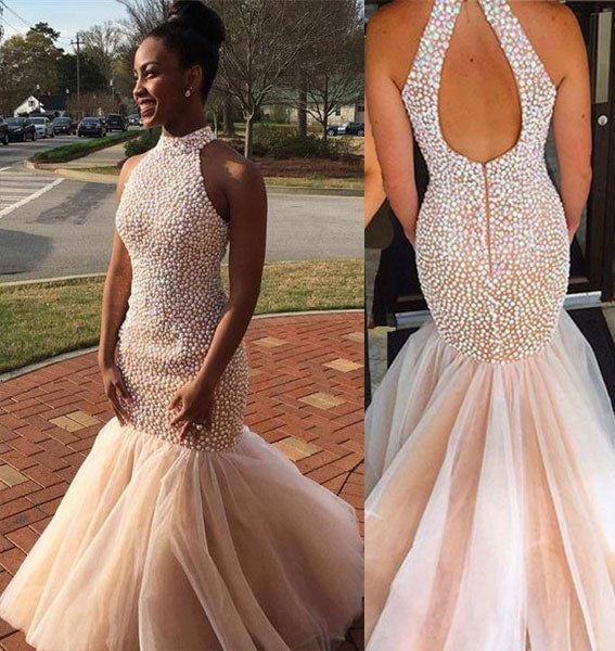 LTP1095,Elegant High Neck Mermaid Prom Dresses with Colorful Pearls