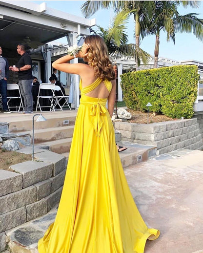 LTP0897,Sexy Yellow Party Dress with Slit,Backless V Neck Prom Dress