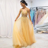LTP0261,Luxury Beading V-neck Long Prom Dresses Yellow Chiffon Prom Dress Evening Dresses