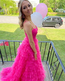 LTP0949,Hot Pink Tulle Prom Dresses Tiered Layers Long Formal Gown