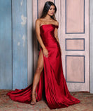LTP0675,Red satin long prom dresses off the shoulder a line prom evening dress