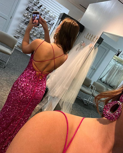 LTP1400,Sexy Mermaid Spaghetti Straps Long Custom Sequin Prom Dresses With Split