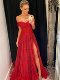 LTP1220,Red Prom Dress Off Shoulder Evening Dresses A Line Leg Split Tulle Formal Party Gown
