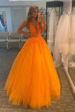 LTP0237,Orange long prom dress v-neck evening dresses a-line prom dresses applique beaded tulle dress