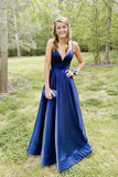 LTP1640,Simple Blue V Neck Satin Long Prom Dress Blue Formal Dress