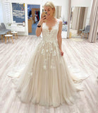 LTP1062,Light champagne tulle prom dress,a-line applique v-neck long evening formal dresses,long wedding gown
