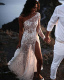LTP1205,Cute One Shoulder White Lace Beach Wedding Dresses,White Bridal Wedding Gown