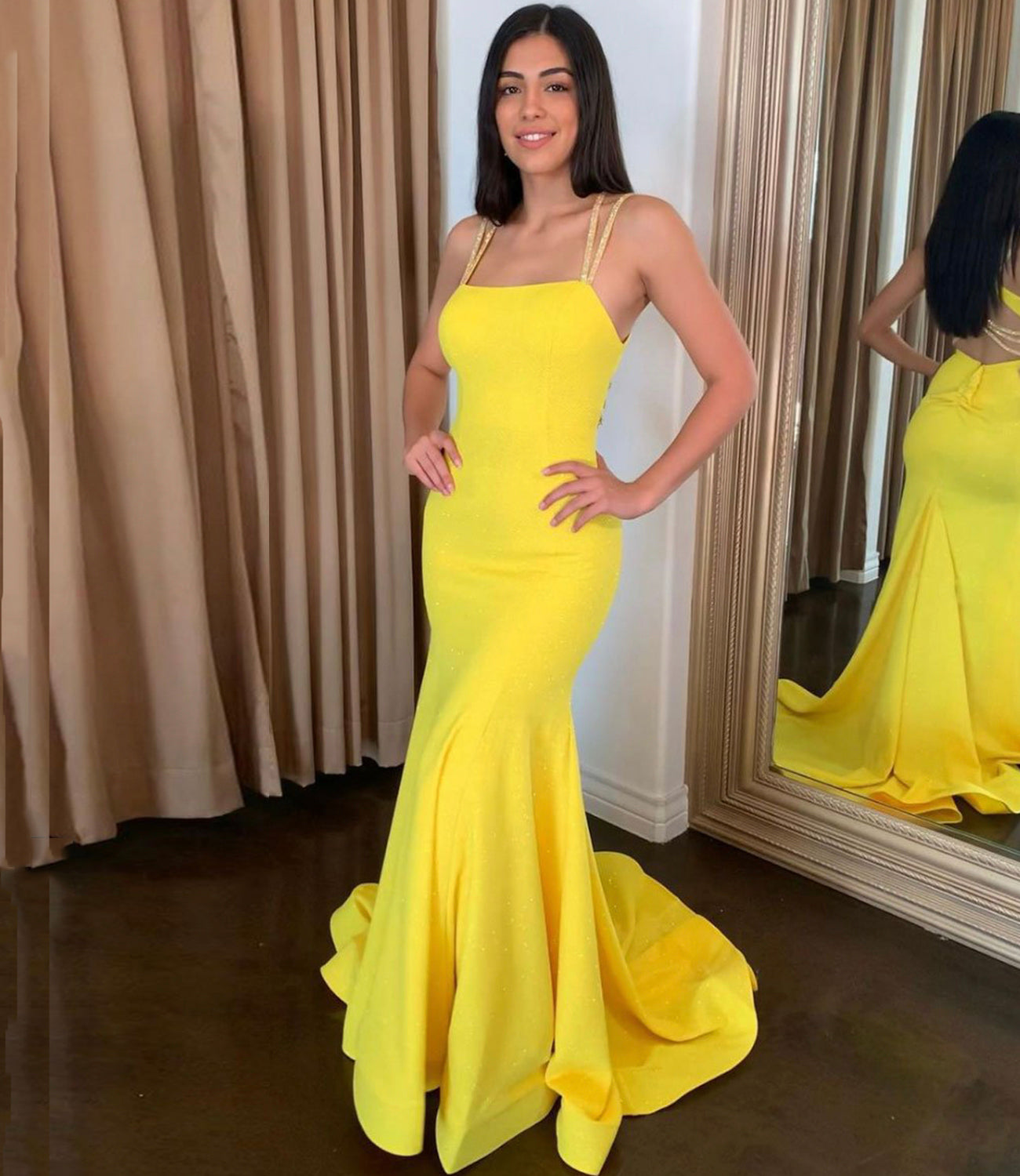 LTP0198,Yellow prom dress double straps mermaid long prom evening dresses
