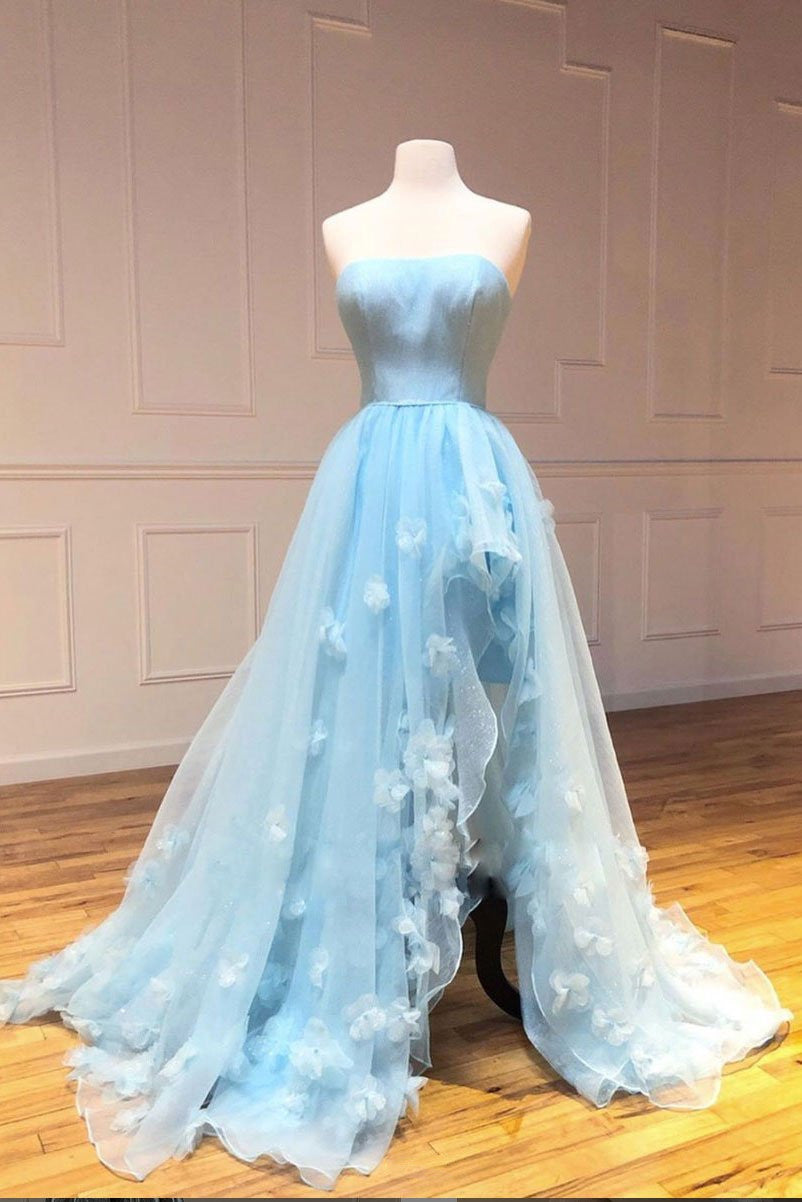 LTP0964,Princess Strapless High Low Appliques Light Blue Prom Dress