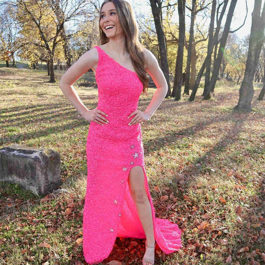 LTP0728,Glitter One Shoulder Hot Pink Prom Dress Sequin Evening Dresses Split Mermaid Prom Gown