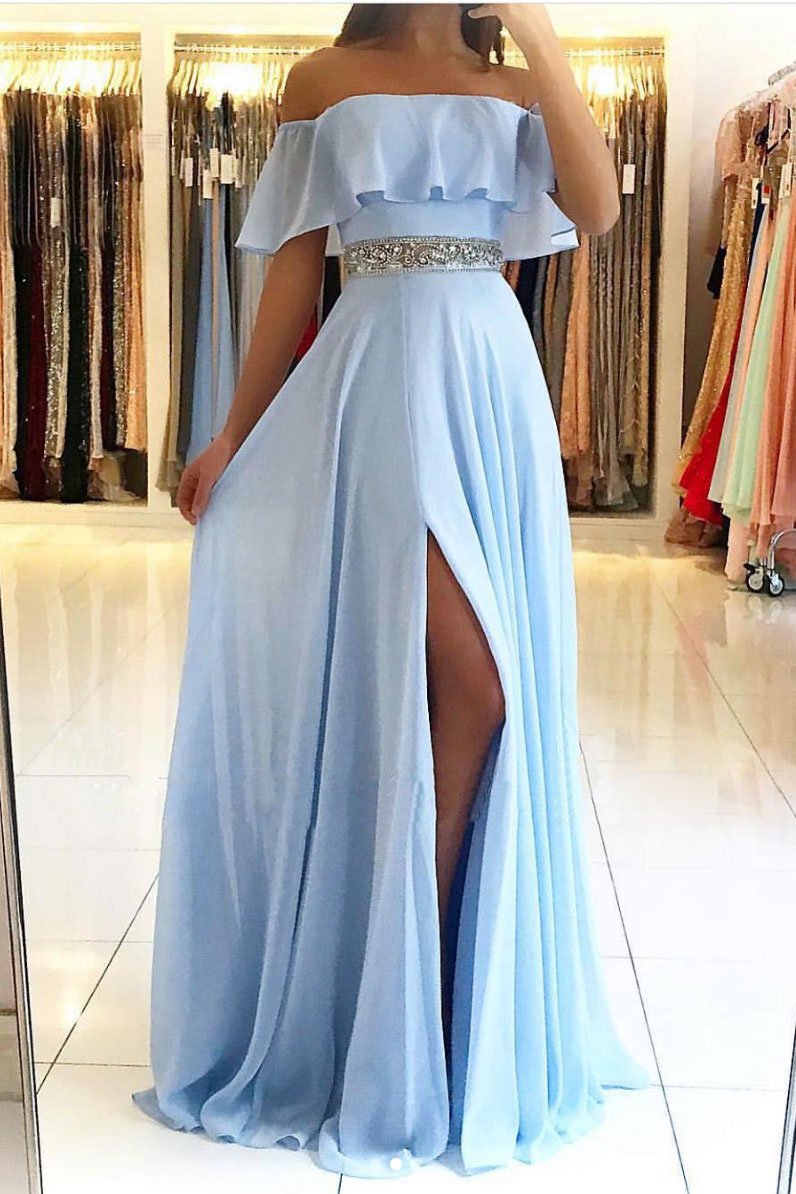 LTP0601,Blue off the shoulder chiffon beaded long prom dresses