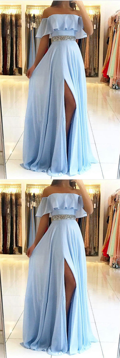 LTP0601,Blue off the shoulder chiffon beaded long prom dresses