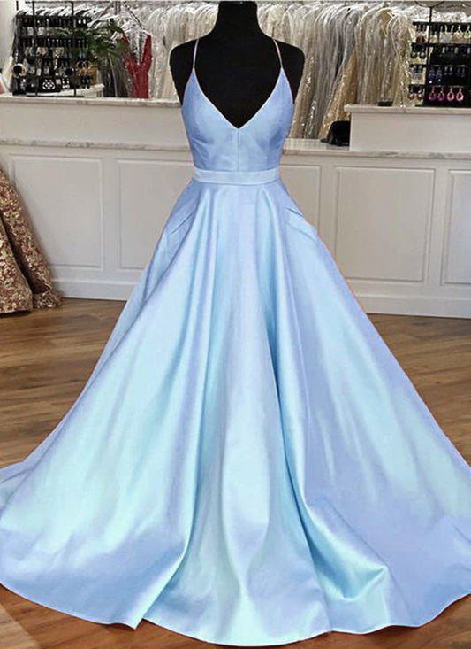 LTP0356,A-Line Satin Prom Dresses Spaghetti Straps Evening Formal Gown