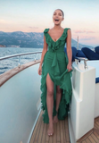 LTP1259,Sexy Green Chiffon Ruffles Side Slit Prom Evening Dresses
