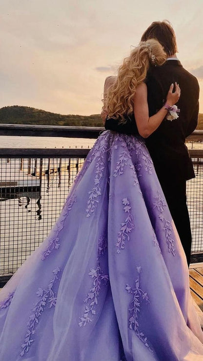 LTP0922,Lavender Applique Tulle Long Evening Dresses Formal Gown with Sweep Train