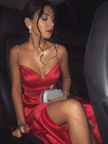LTP0121,Charming A Line Sweetheart Spaghetti Straps Satin Red Long Prom Dresses with Side Split,Red Formal Dresses,Evening Dresses