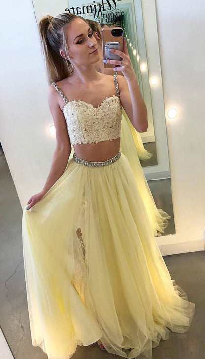 LTP0784,Light yellow two pieces lace prom dresses beaded side slit evening dress