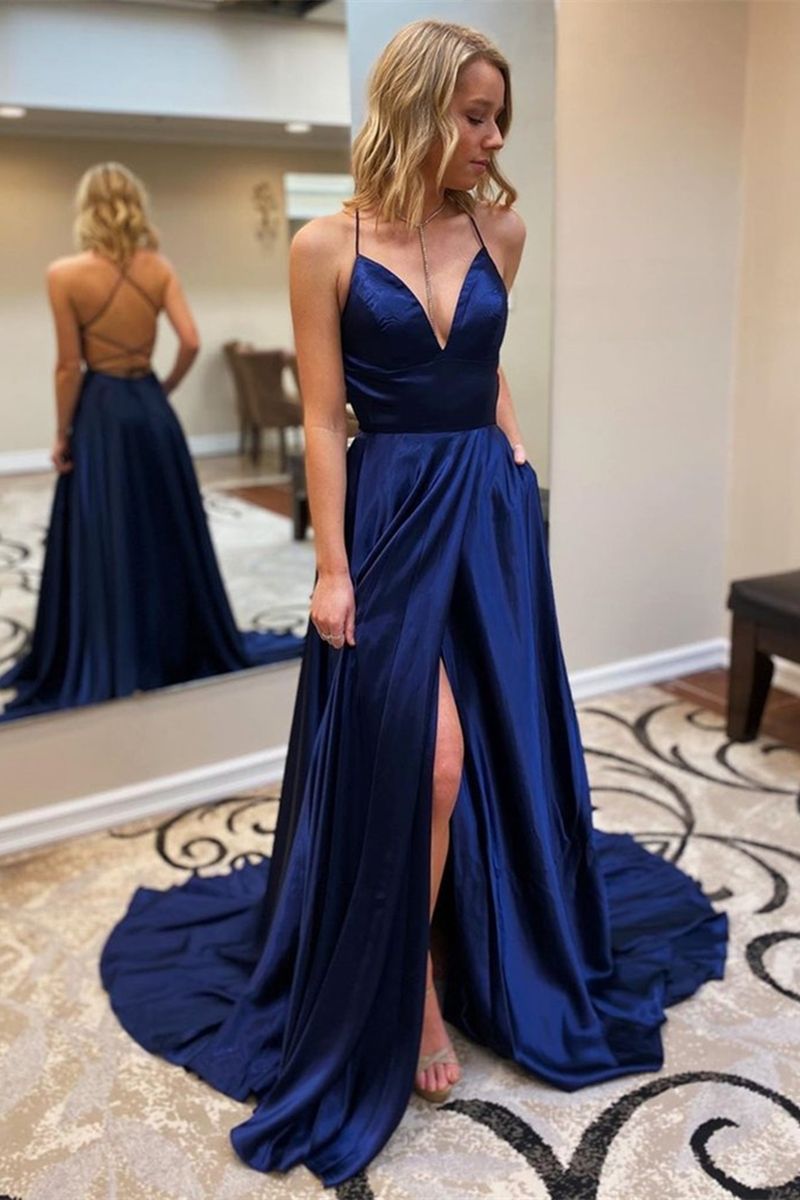 LTP0271,Royal Blue Prom Dresses Spaghetti Straps Long Evening Dress Side Slit Long Prom Dress