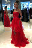 LTP1243,Red Strapless Tulle Long Prom Dresses,Sleeveless Evening Gown With High Split