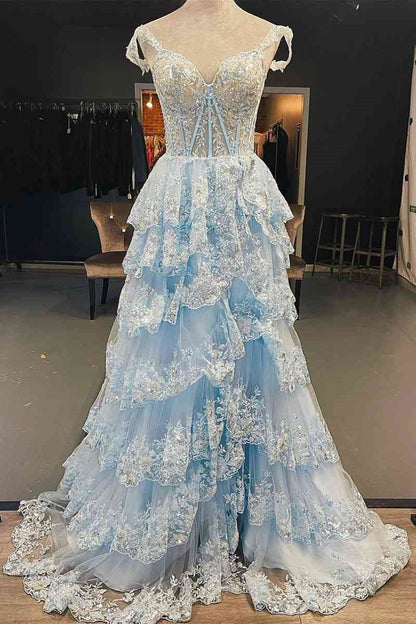LTP1715,Cute A Line Off the Shoulder Light Blue Sequins Lace Long Prom Dresses with Slit