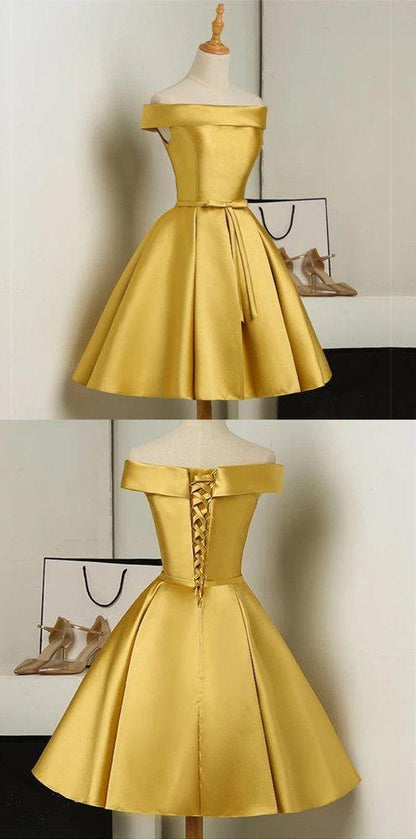LTP0075,Gold homecoming dresses,off the shoulder short prom dress,gold bridesmaid dress,a line prom dress mini