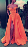 LTP0398,Discount orange satin off the shoulder prom dresses a line long prom dress with high slit