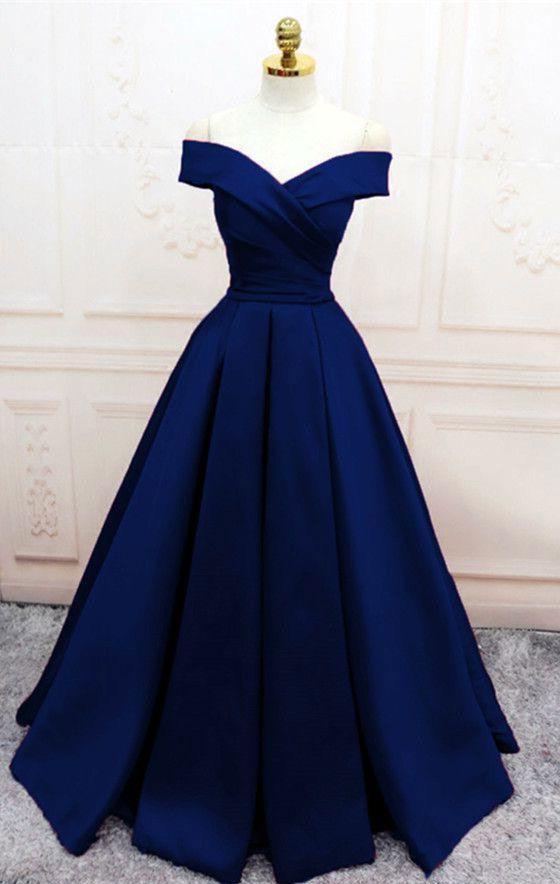LTP0079,Navy blue prom dress,off the shoulder evening dress,a line party gown,satin prom dress blue long dress